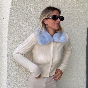 Zara ribbed cardigan blue faux fur collar medium